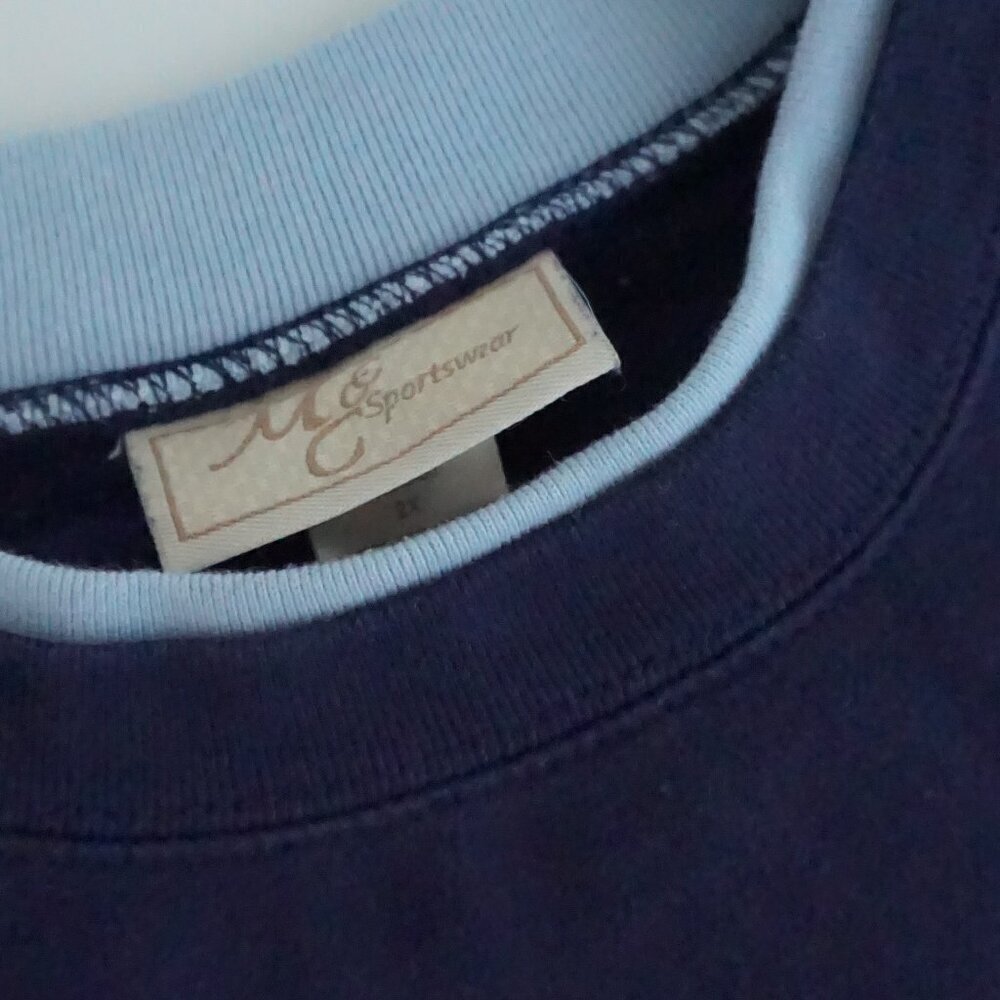 Vintage M&C Sportswear Navy Embroidered Winter Christmas Trees Crew Sweater 2X - Picture 10 of 11